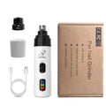Electric dog nail grinder with LED display showing speed settings and dust collection compartment.
