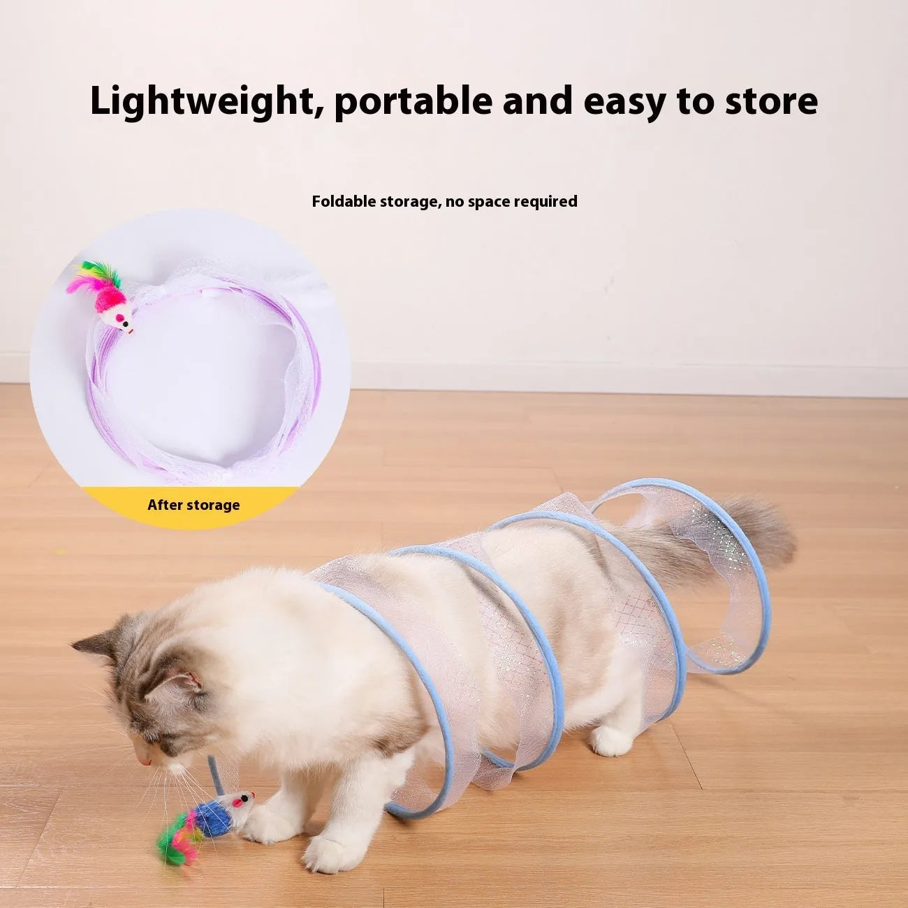 S-type steel wire frame cat tunnel with elastic net fabric and a feather teaser attached.
