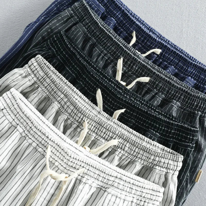 Men's striped casual loose shorts in light blue colour on a mid waist, showing the straight leg shorts cut.
