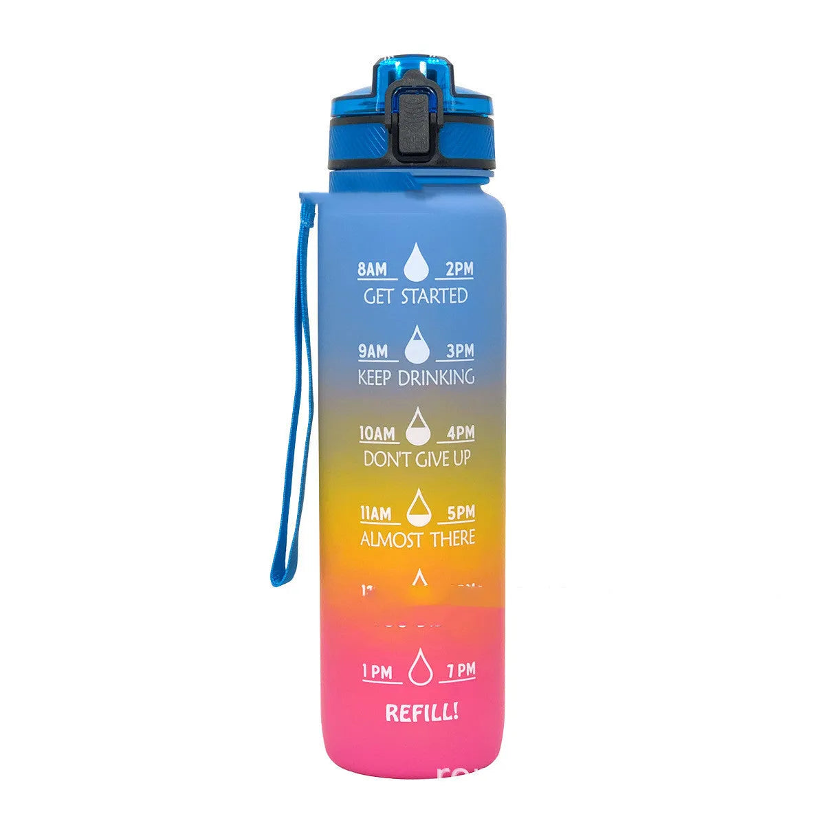Sports frosted gradient water bottle 1L in multiple colour options including blue and pink gradient, purple and orange gradient, and black gradient