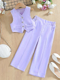 Girls' summer vest and trouser set in solid colour, polyester two-piece outfit