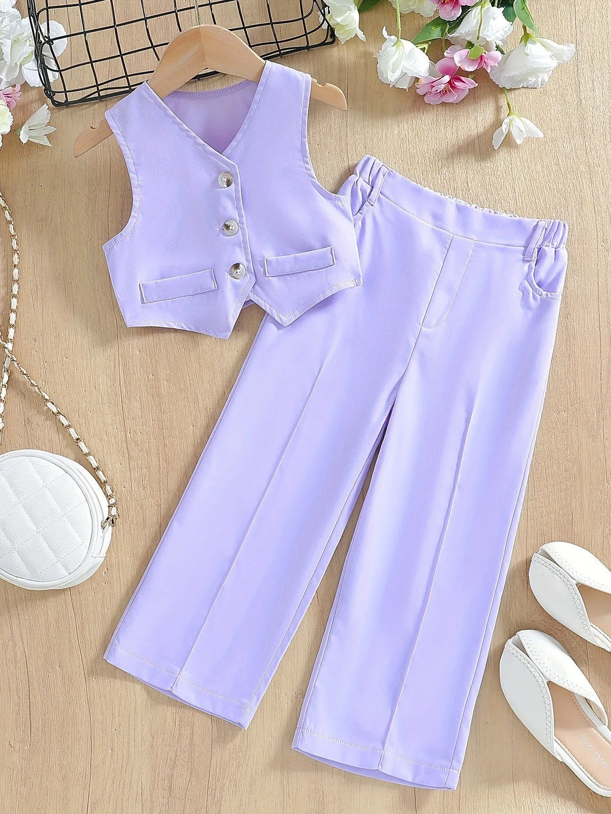 Girls' summer vest and trouser set in solid colour, polyester two-piece outfit