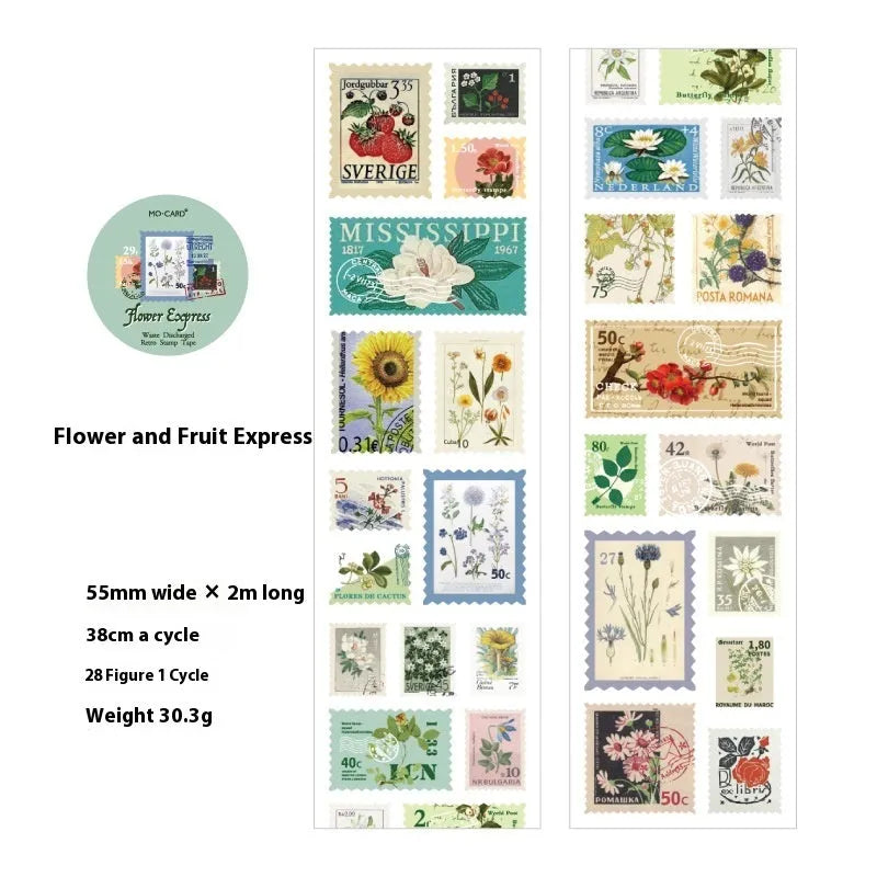Roll of retro-style stamped decorative paper with butterfly, forest, bird, and mushroom designs, 55mm wide.
