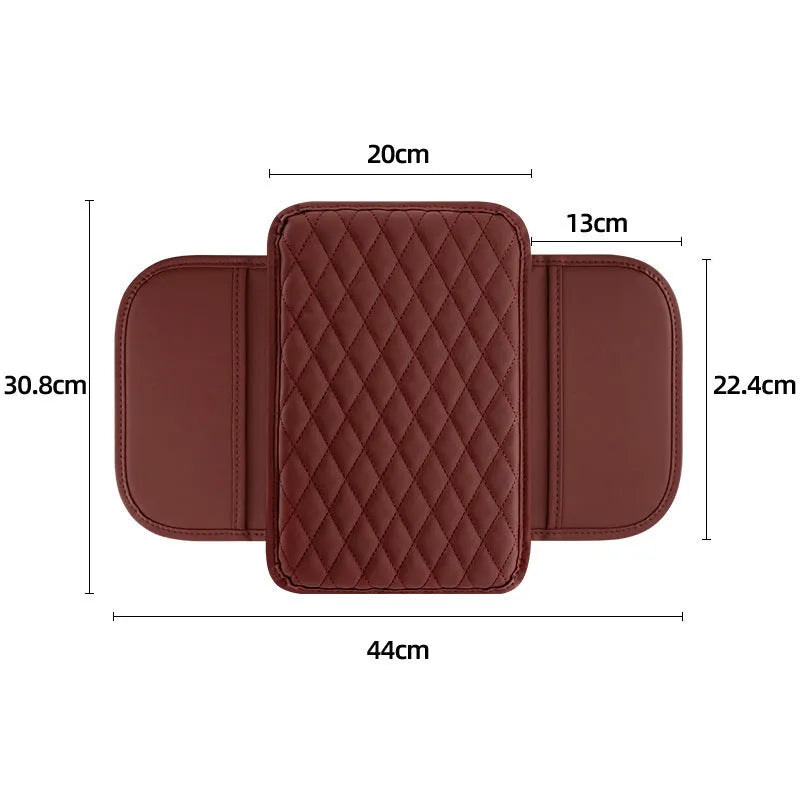 Universal leather car armrest box mat 30.8cm by 20cm with thin side pocket in beige, black, gray, brown, or red