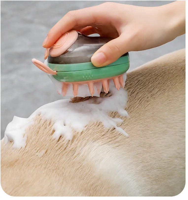 Blue 2-in-1 pet grooming brush with shampoo dispenser for bathing cats and dogs