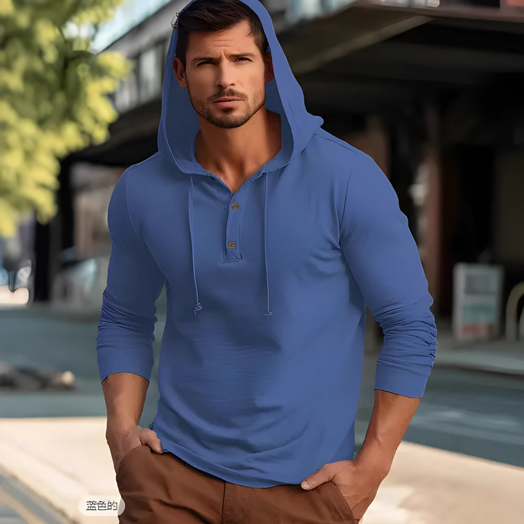 Men's casual cotton pullover hoodie in dark blue colour with long sleeves.