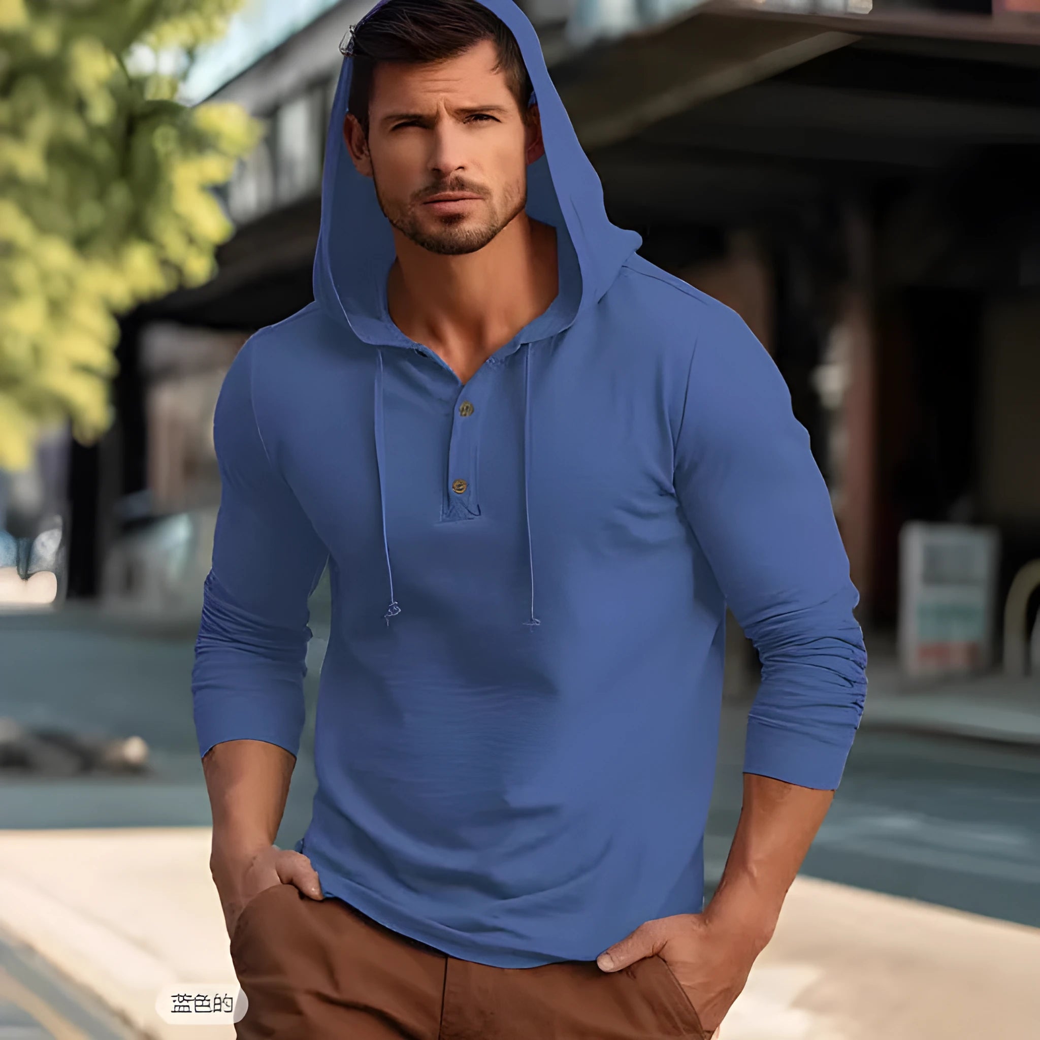 Men's casual cotton pullover hoodie in dark blue colour with long sleeves.