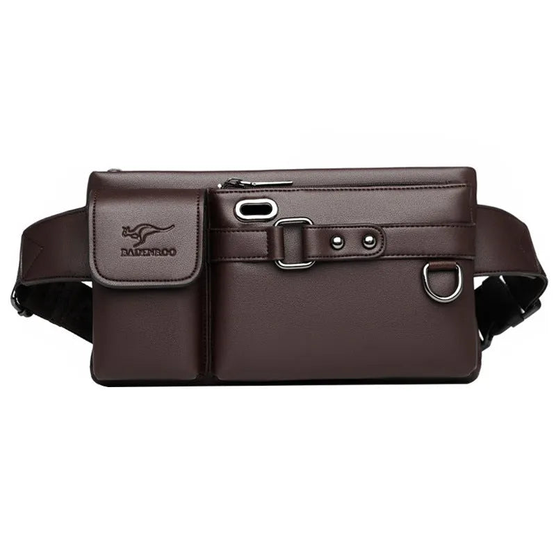 Men's leather waist bag, first layer cowhide, 27cm wide, black, with zipper and buckle closure.
