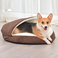 A brown cloth dog kennel with a removable, washable design, shown in a home setting.