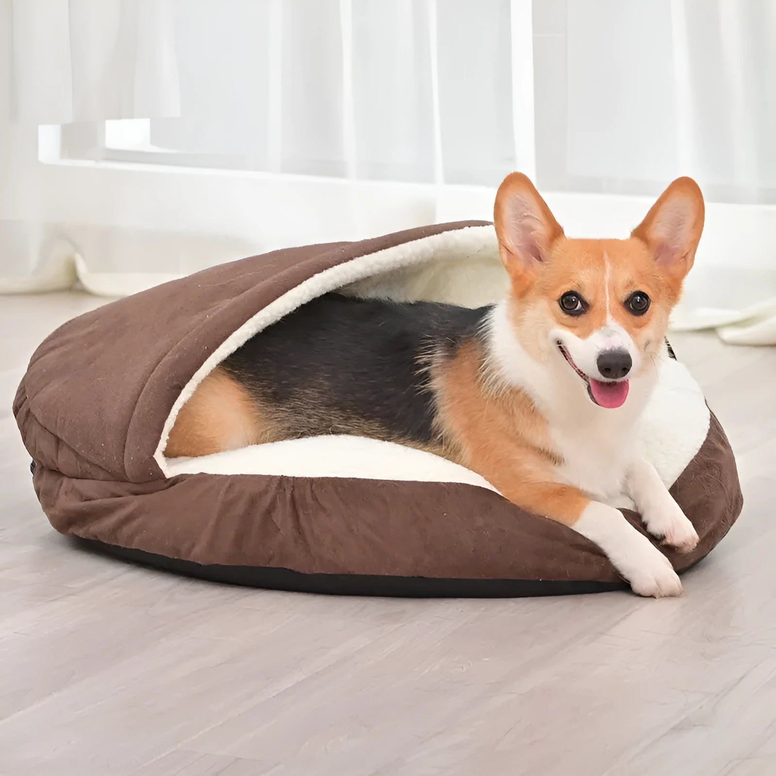 A brown cloth dog kennel with a removable, washable design, shown in a home setting.