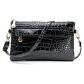 Women's black PU messenger shoulder bag with horizontal square shape showing 24cm width
