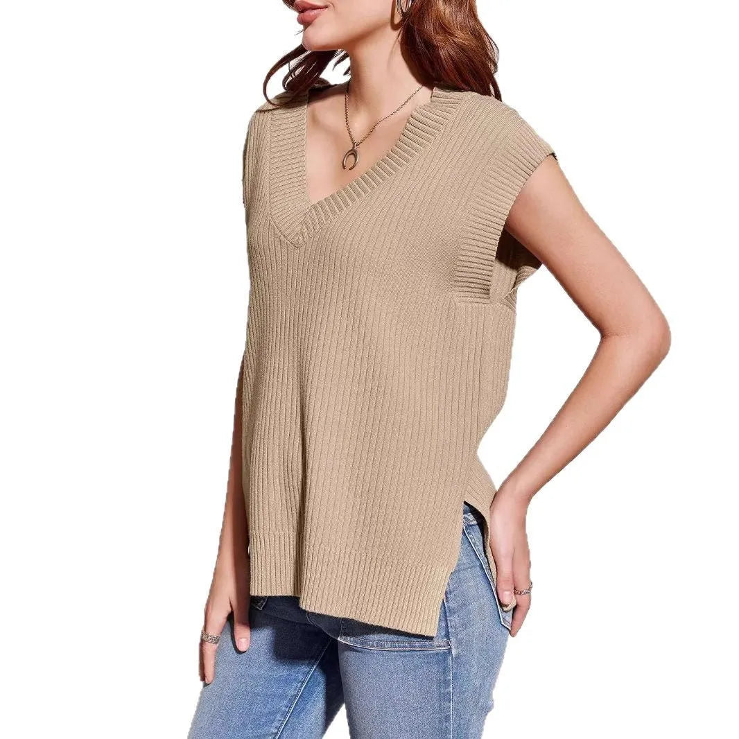 Camel and white v-neck sleeveless loose pullover vest in striped or plaid patterns