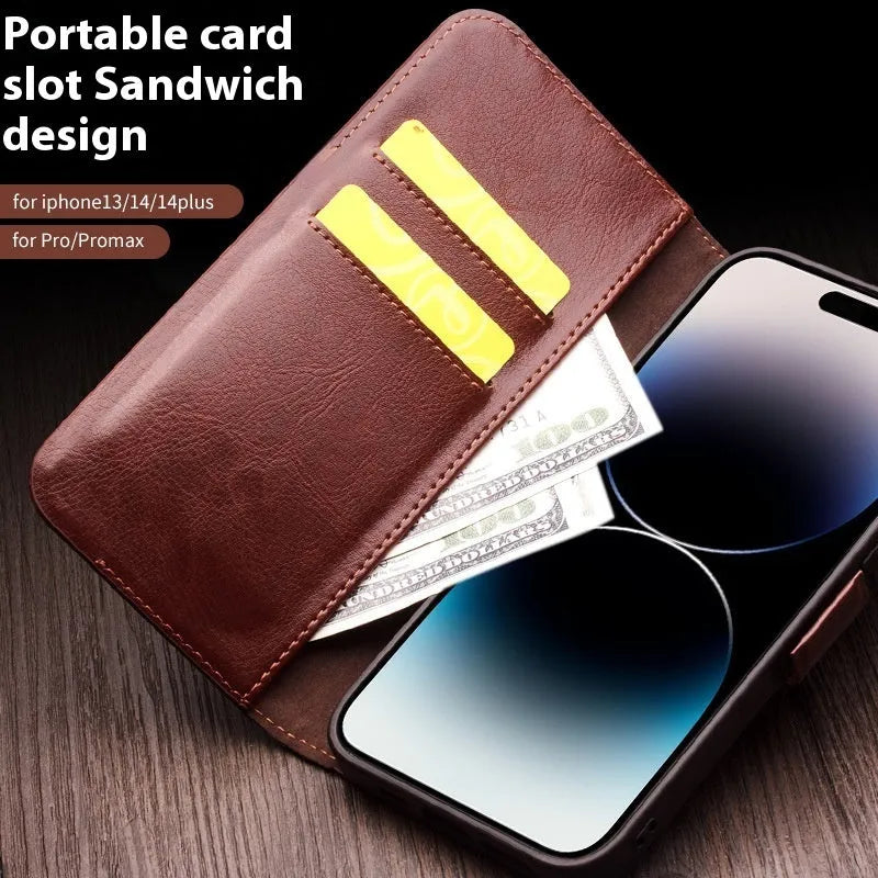 Genuine leather magnetic flip phone case for iPhone 13 and iPhone 14 models in black, brown or colour matching