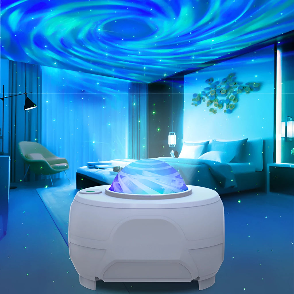 Swirl moon full star laser atmosphere lamp with white light and remote control, ABS shade, compact 93x85x74mm size