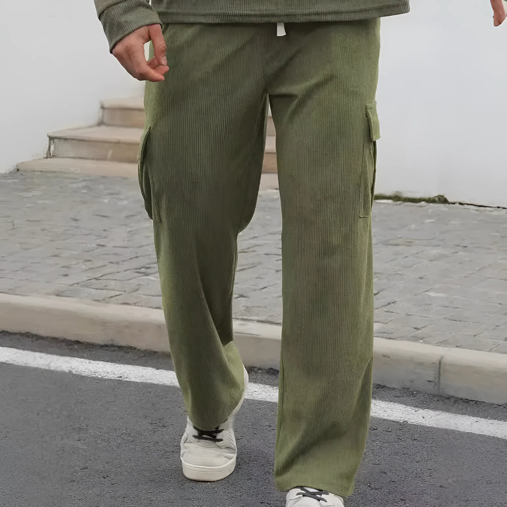 Multi-pocket corduroy-style cargo work pants in khaki, high waist with drawstring closure, stretch polyester fabric, five colour options