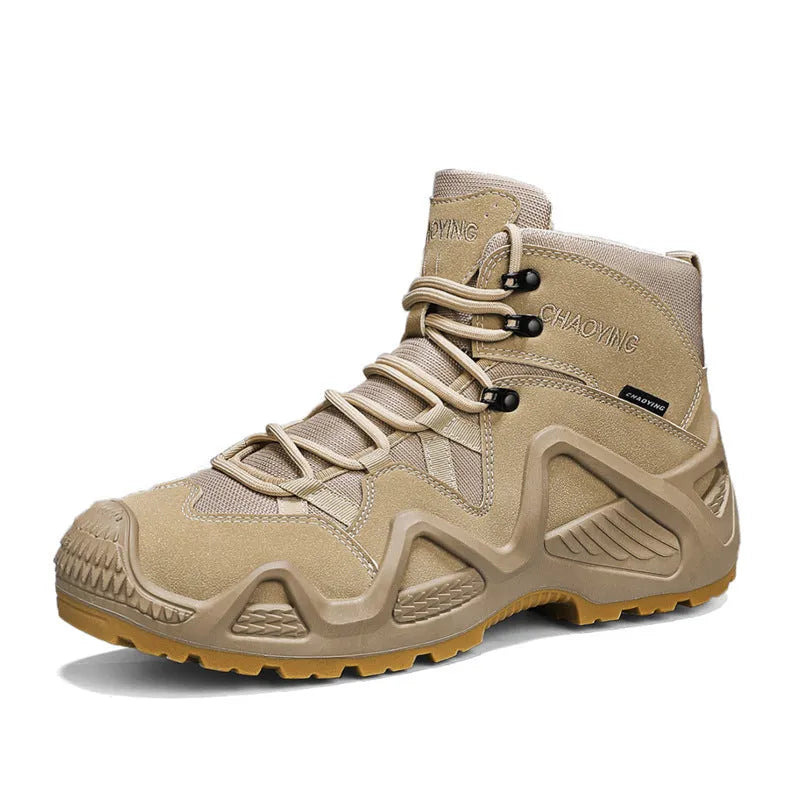 Men's high-top canvas tactical desert boots with rubber sole in black, grey, or khaki.