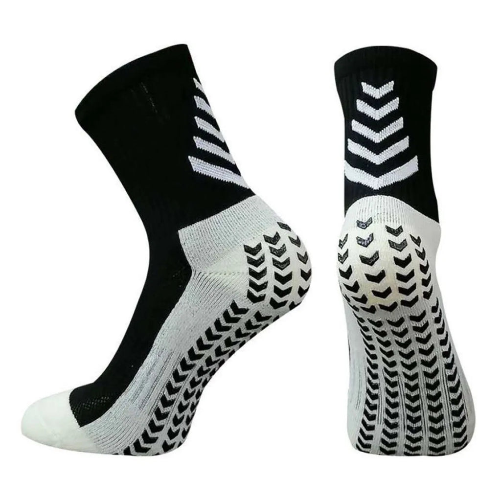 Men's patterned athletic sock in mid-calf length, showing non-slip silicone heel grip.