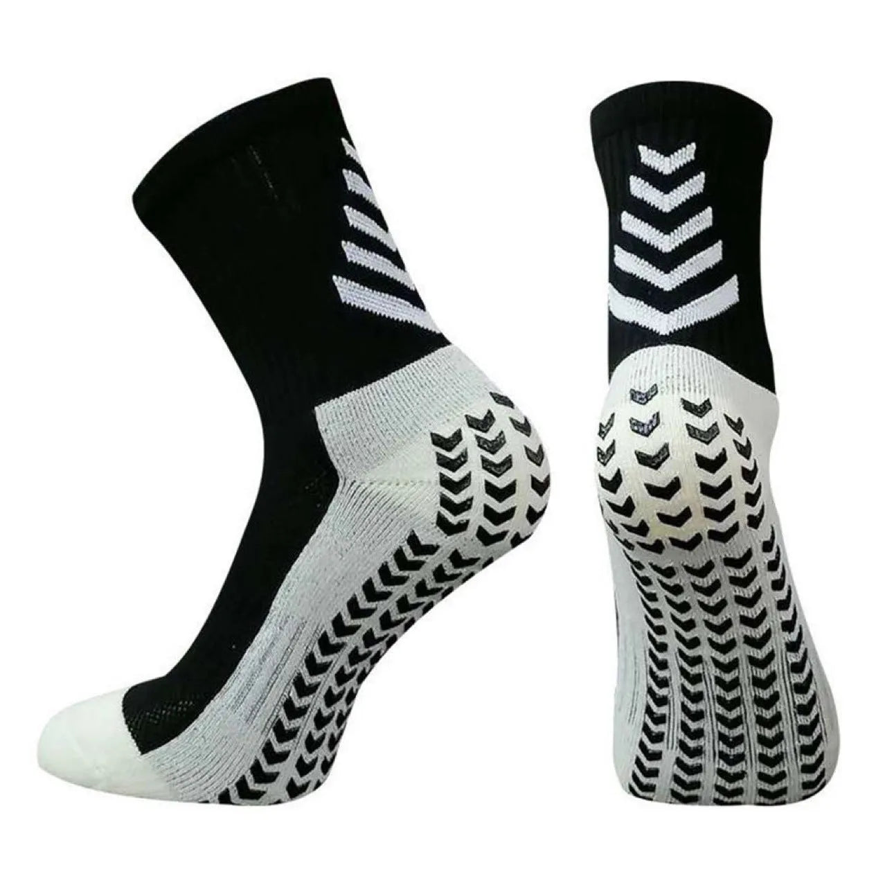 Men's patterned athletic sock in mid-calf length, showing non-slip silicone heel grip.