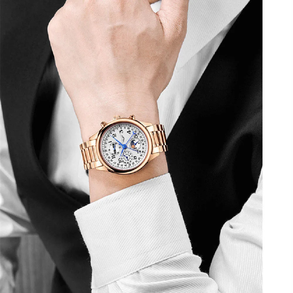 Men's mechanical perpetual calendar watch with moon phase display on 41mm case
