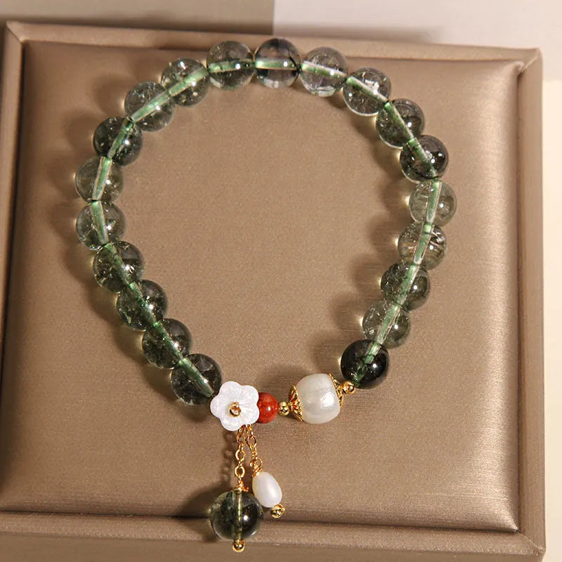 Green phantom quartz crystal women's bracelet with small shell flower charm in Japanese Korean style