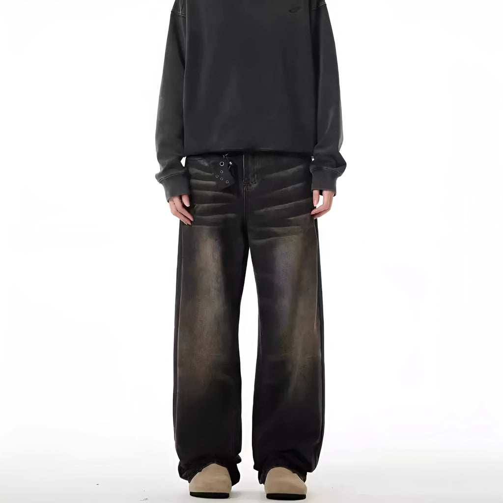 Men's retro straight-leg low-waist jeans in black and gray with high elasticity polyester denim