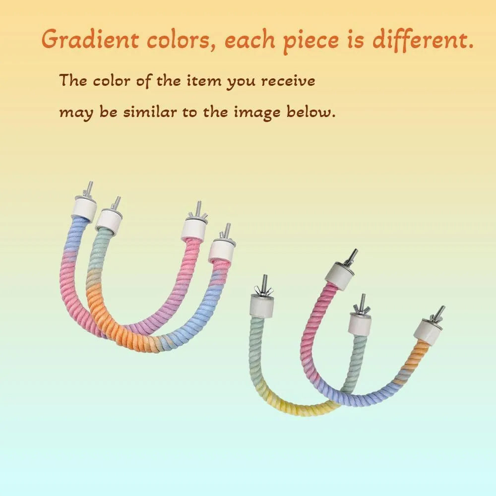Gradient colourful bird rope perch set with U-shaped perch, long rope, and circular swing for cockatiels and parakeets
