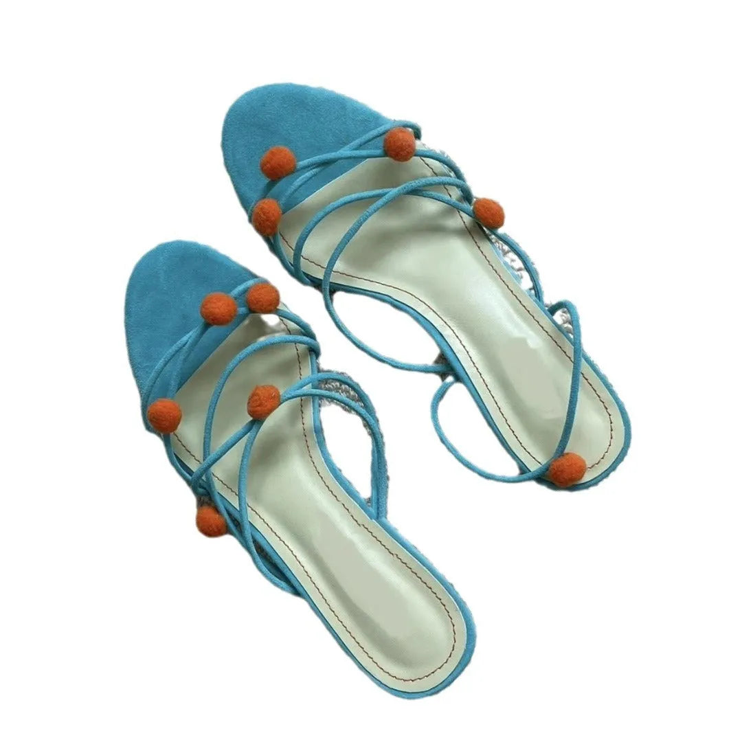 Cyan women's high-heeled sandals with lace-up straps, open toe, and thin straps made from French leather.