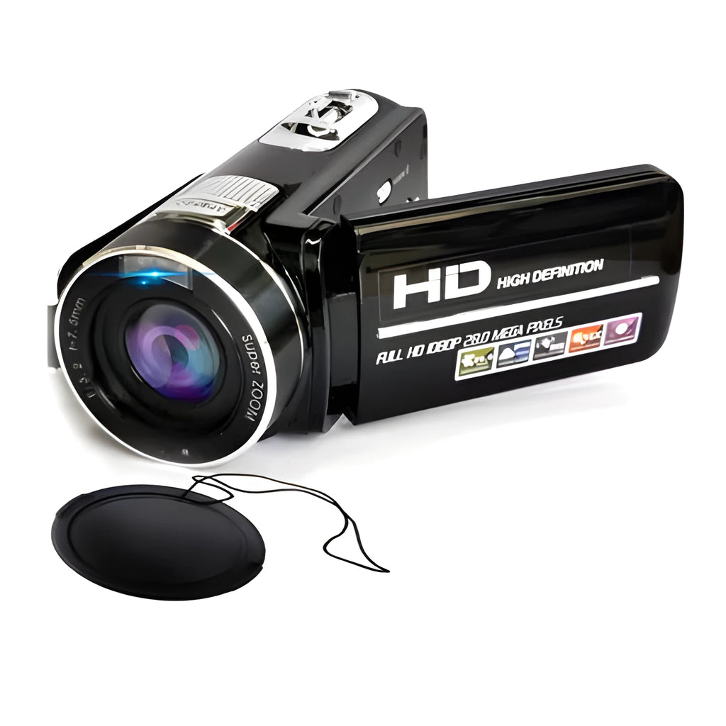 Black or gold digital camera with 3.0 inch rotating LCD, HD 1080P video, CMOS sensor, and USB 2.0