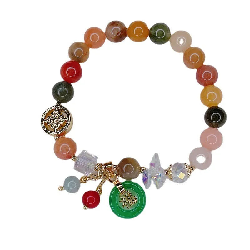 Retro Jinsi Jade bracelet with blessing card and fu character on display