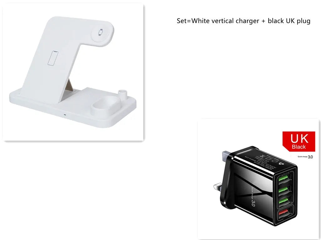 A white 4-in-1 wireless charger charging an iPhone and Apple Watch at an angle, with spots for AirPods and Apple Pencil.