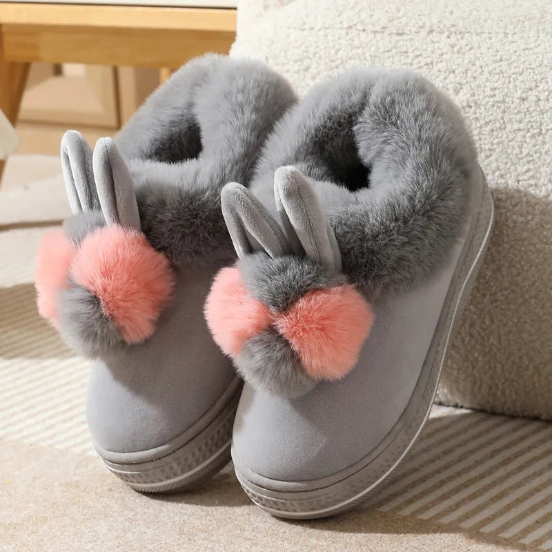 Black, purple, and grey high-heel cotton slippers with thick TPR sole and plush upper
