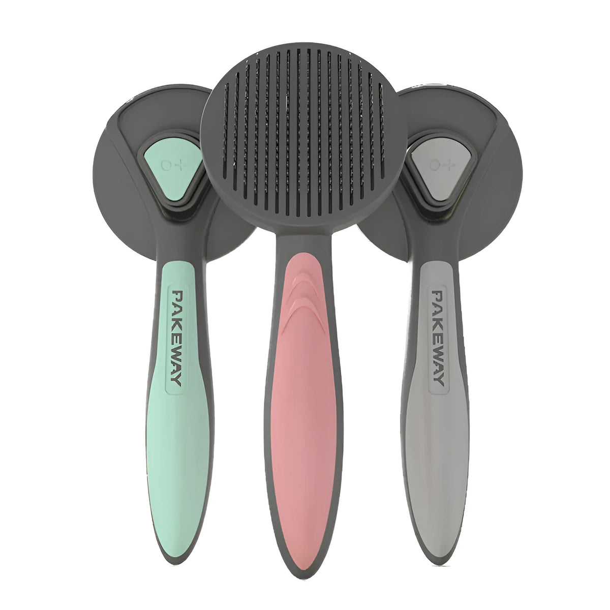 Pet floating hair combing brush in engineering plastic, 193 x 77 x 49 mm, mint green colour, ergonomic handle.