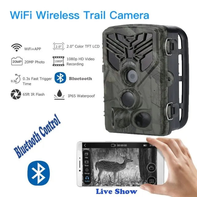 Wifi830 model Wi-Fi enabled trail camera with camouflage finish on a tree branch