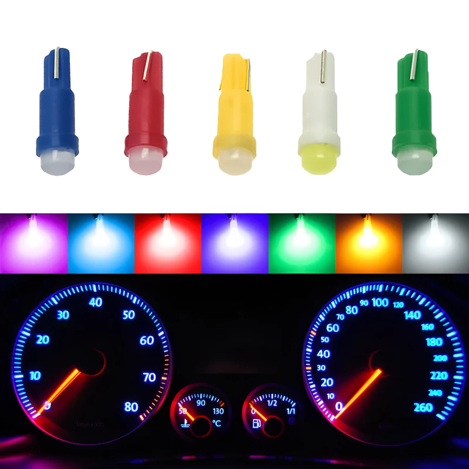 T5 car LED instrument light bulb with ceramic base in seven colour options