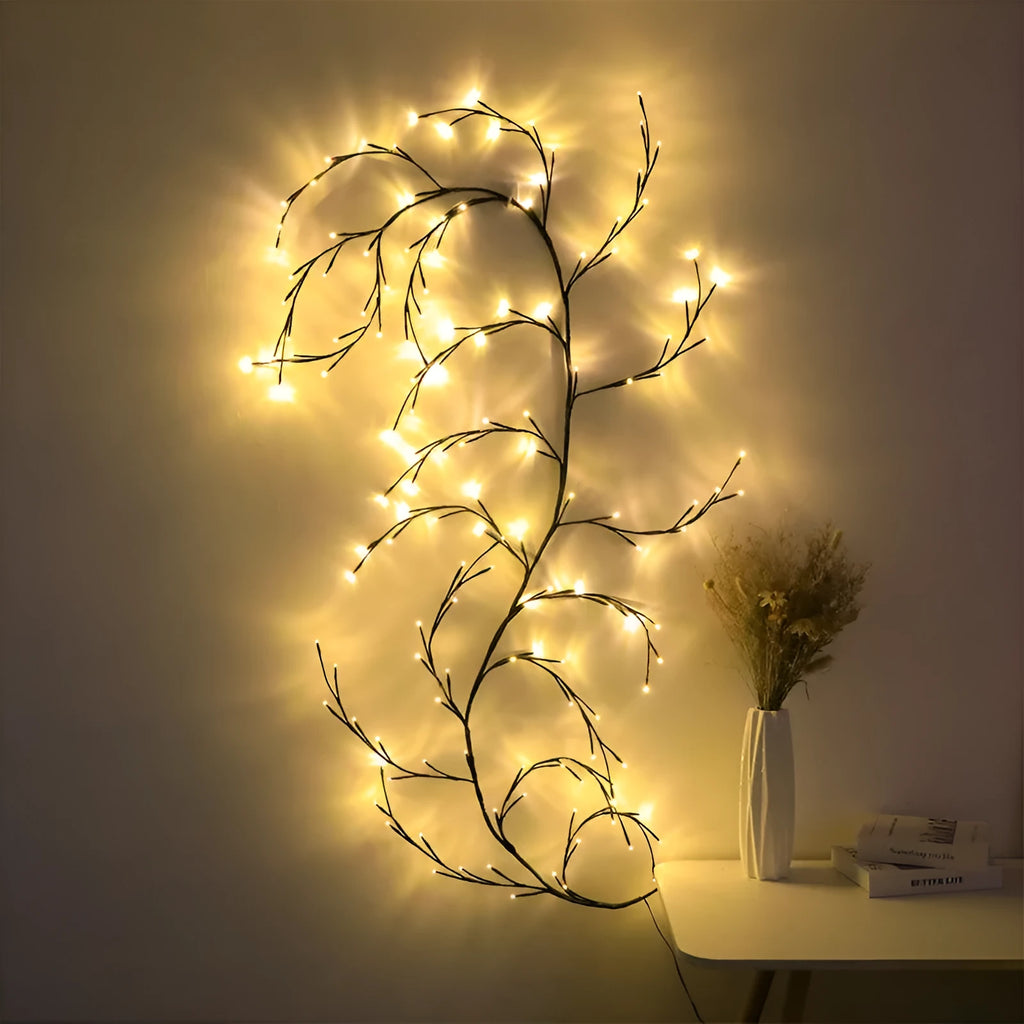 Rattan-style LED tree light with warm white illumination for room decoration
