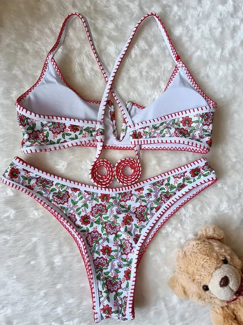 Women's floral print one-piece swimsuit with V-neck and embroidery detail