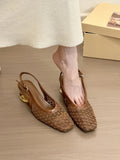 Women's square toe slingback sandals with woven detail on the toe cap, shown in apricot colour.