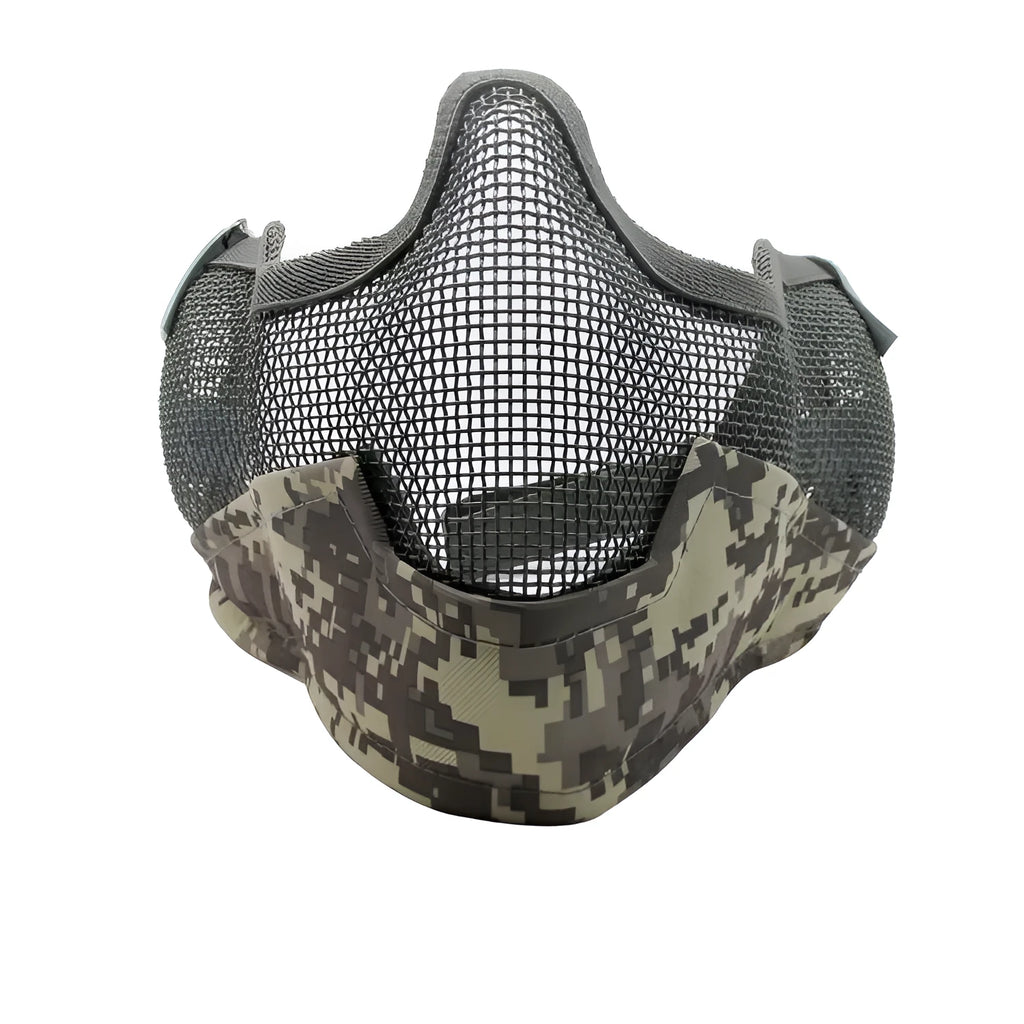 Carbon steel field protective mask with head mount in camouflage pattern, shown with attached mouth muffler.