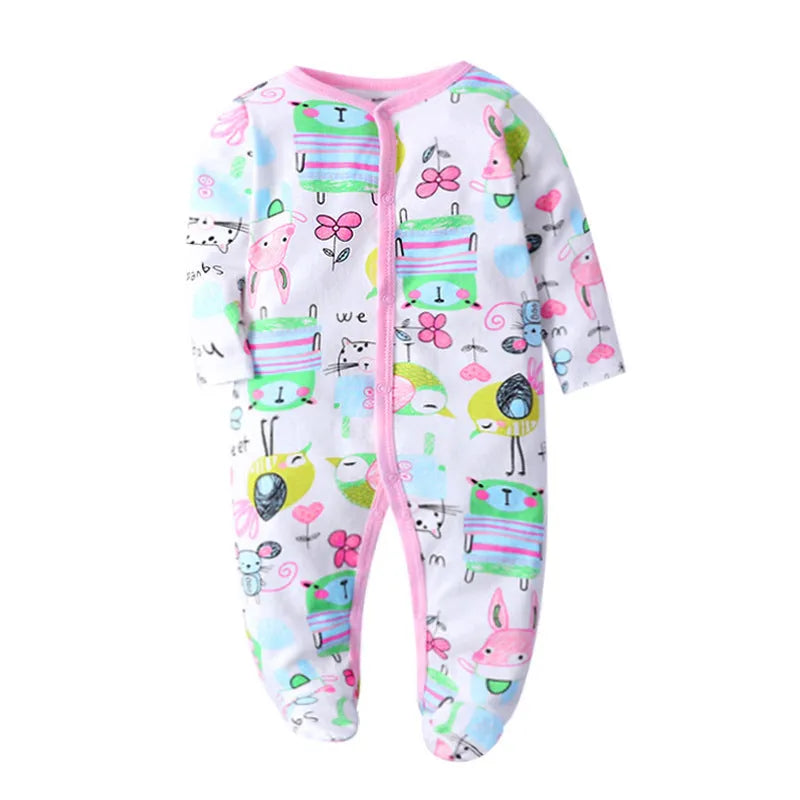 Cotton one-piece baby clothes showing dinosaur print and size options