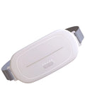 White rechargeable uterine warming device with remote control for postpartum and menstrual pain relief.