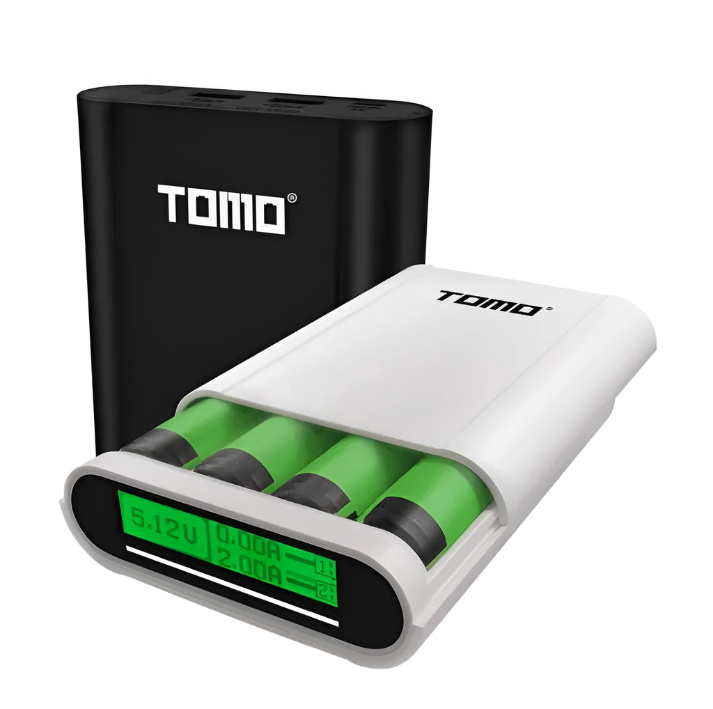 Black mobile power box DIY kit with LCD display showing battery levels, dual USB outputs, and Micro USB input