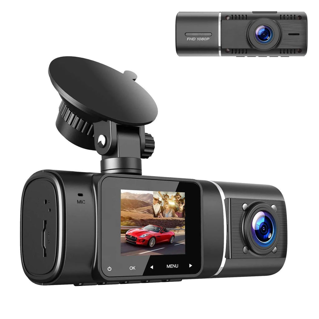 Standard black dual-channel car dash cam with 1.5-inch screen, rear camera, mount, and car charger on box.