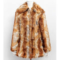 Women's slim-fit faux fur leather jacket featuring a tiger pattern, shown in medium length.