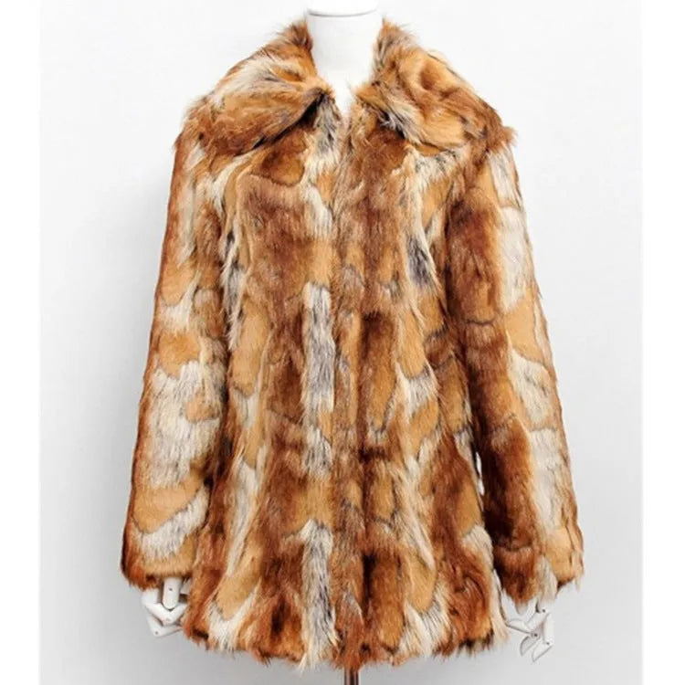 Women's slim-fit faux fur leather jacket featuring a tiger pattern, shown in medium length.