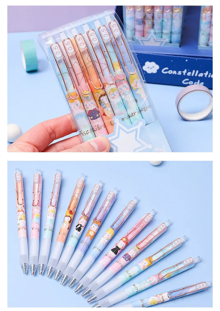 Six constellation cartoon gel pens with 0.5mm metal tips and blue ink