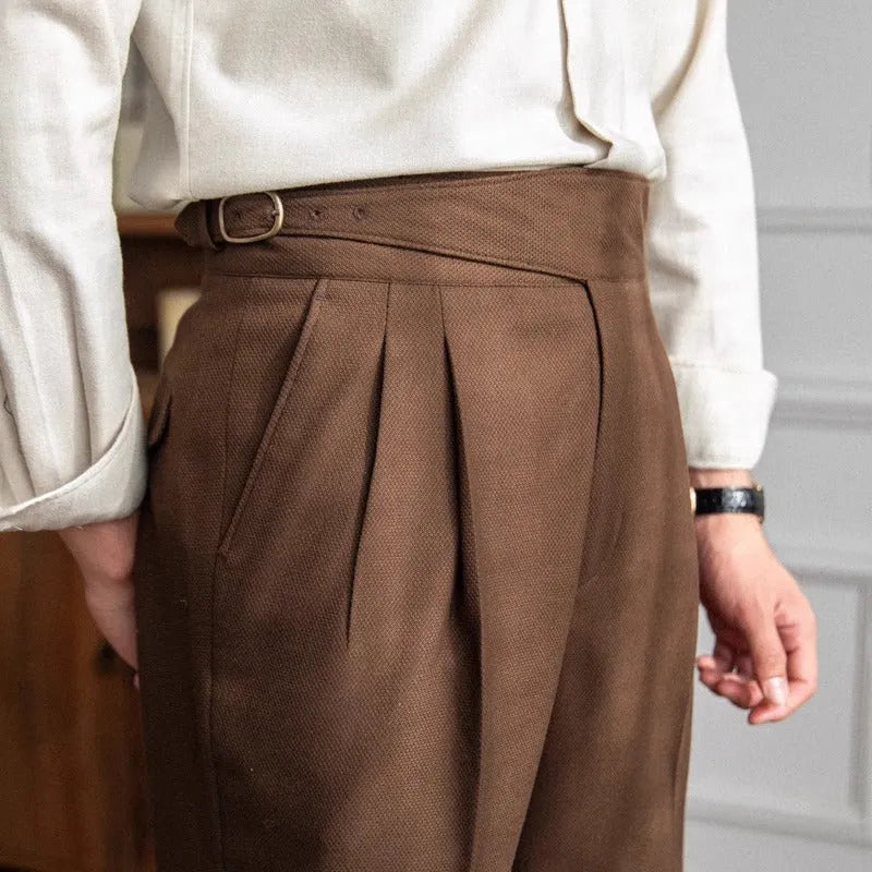 Men's high waist straight leg casual polyester trousers in black, shown laid flat.