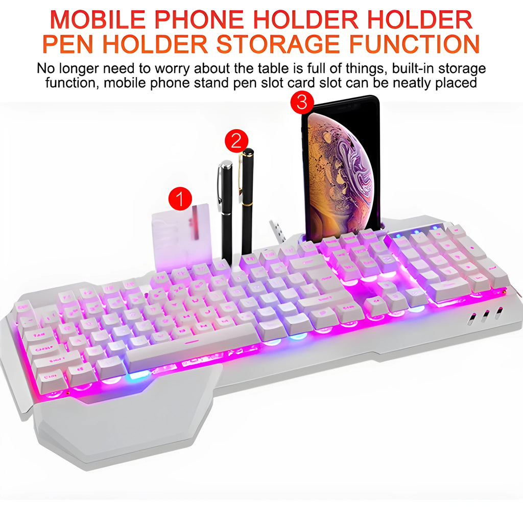 Wired gaming keyboard with RGB LED backlight, phone holder, pen slot, and card slot in black, white, or grey.