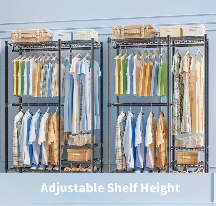 Black metal floor storage rack measuring 175 cm tall for garment organisation