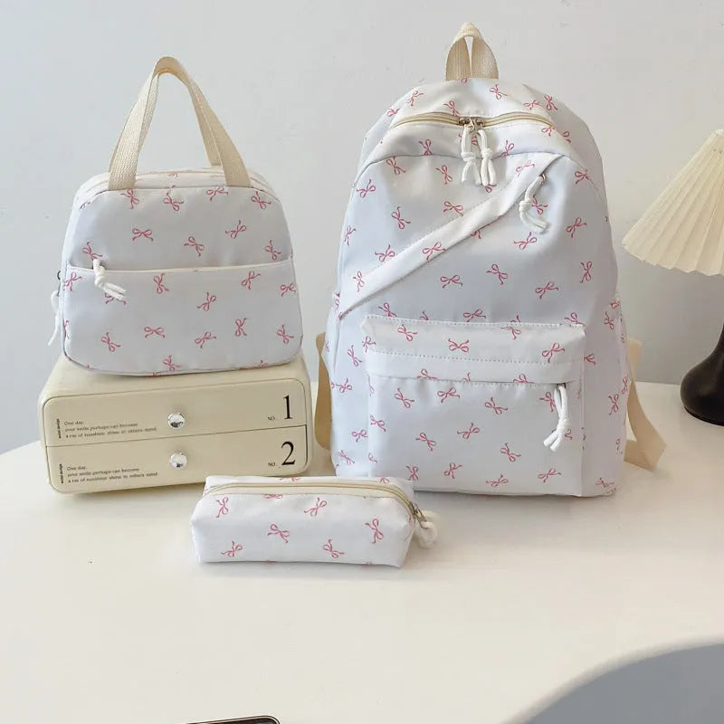Cute girl campus backpack with flower pattern, airpillow straps, available in white, black, pink, blue