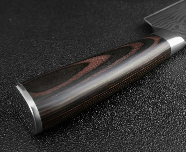7Cr17 stainless steel kitchen knife with laser Damascus pattern on blade and colour steel handle.